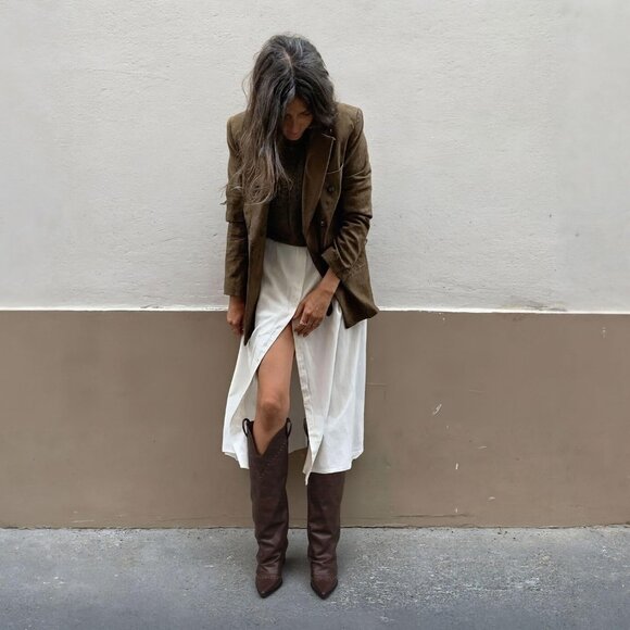 🆕Women's Brownish Coffee Polyurethane Studded Fold Over Knee High Cowgirl Boot - Picture 6 of 8